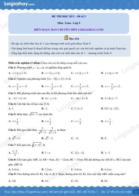 Đề thi học kì 1 Toán 9 - Đề số 3